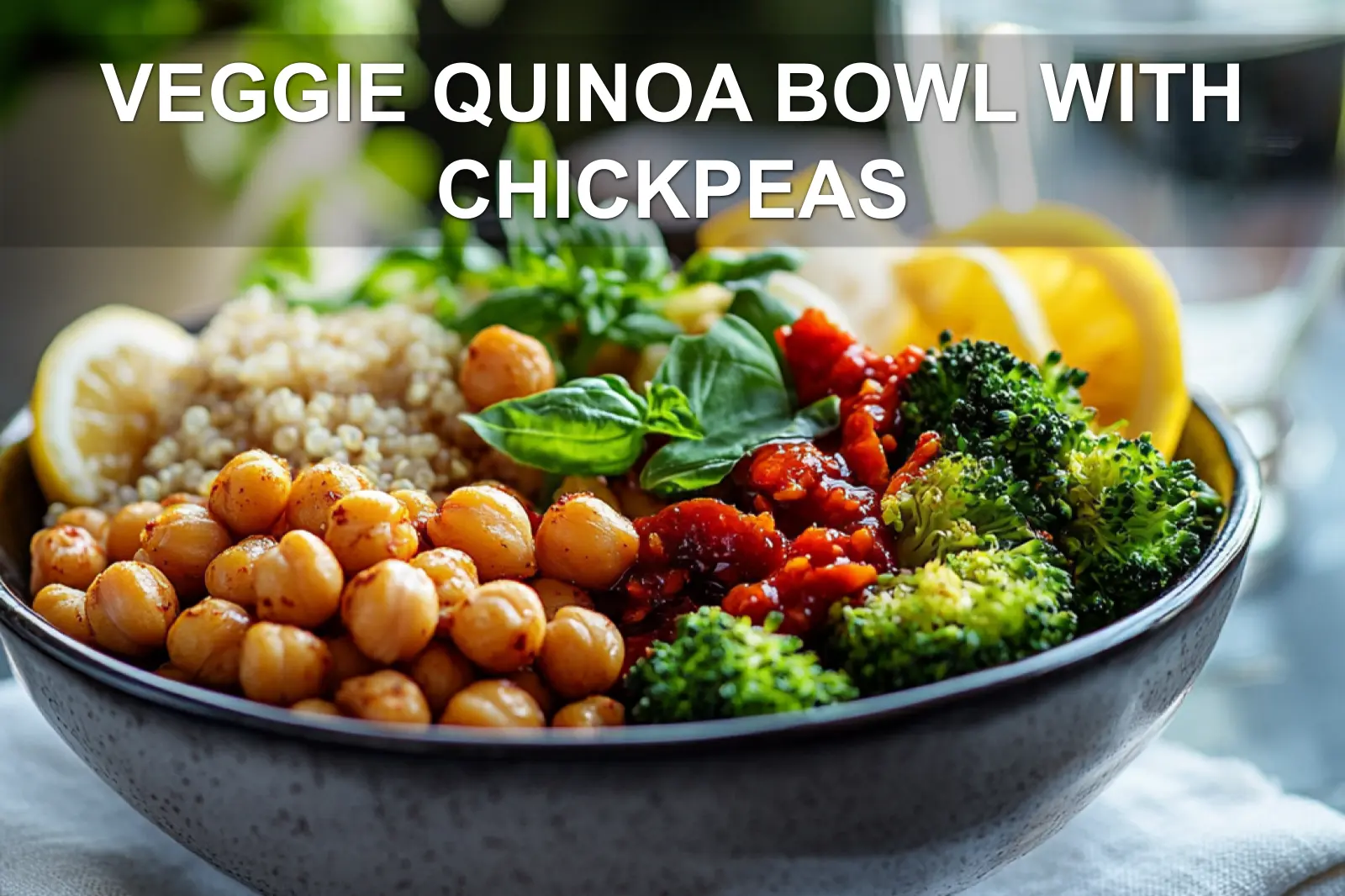 VEGGIE QUINOA BOWL WITH CHICKPEAS vibrant plated bowl with roasted chickpeas and vegetables