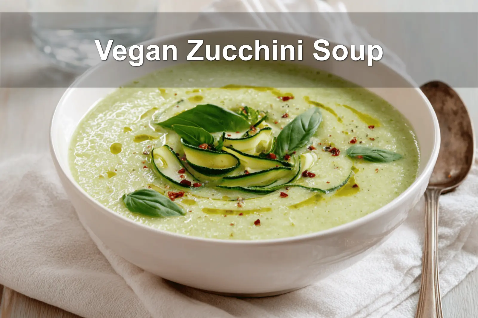 Vegan zucchini soup with fresh basil leaves in ceramic bowl