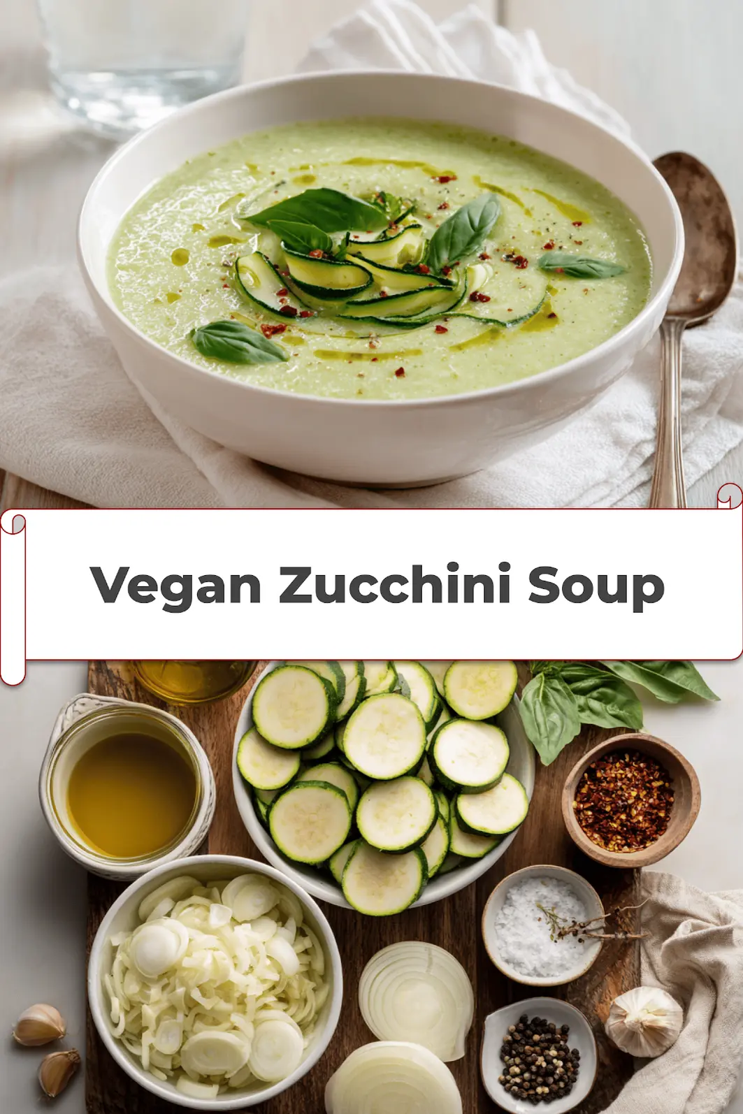 Vegan Zucchini Soup Simple Cozy Recipe You'll Love 5 Vegan Zucchini Soup in white bowl with basil garnish olive oil drizzle cozy natural lighting_pin