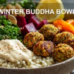 WINTER BUDDHA BOWL with golden falafel pearl couscous beet kale and creamy tahini sauce