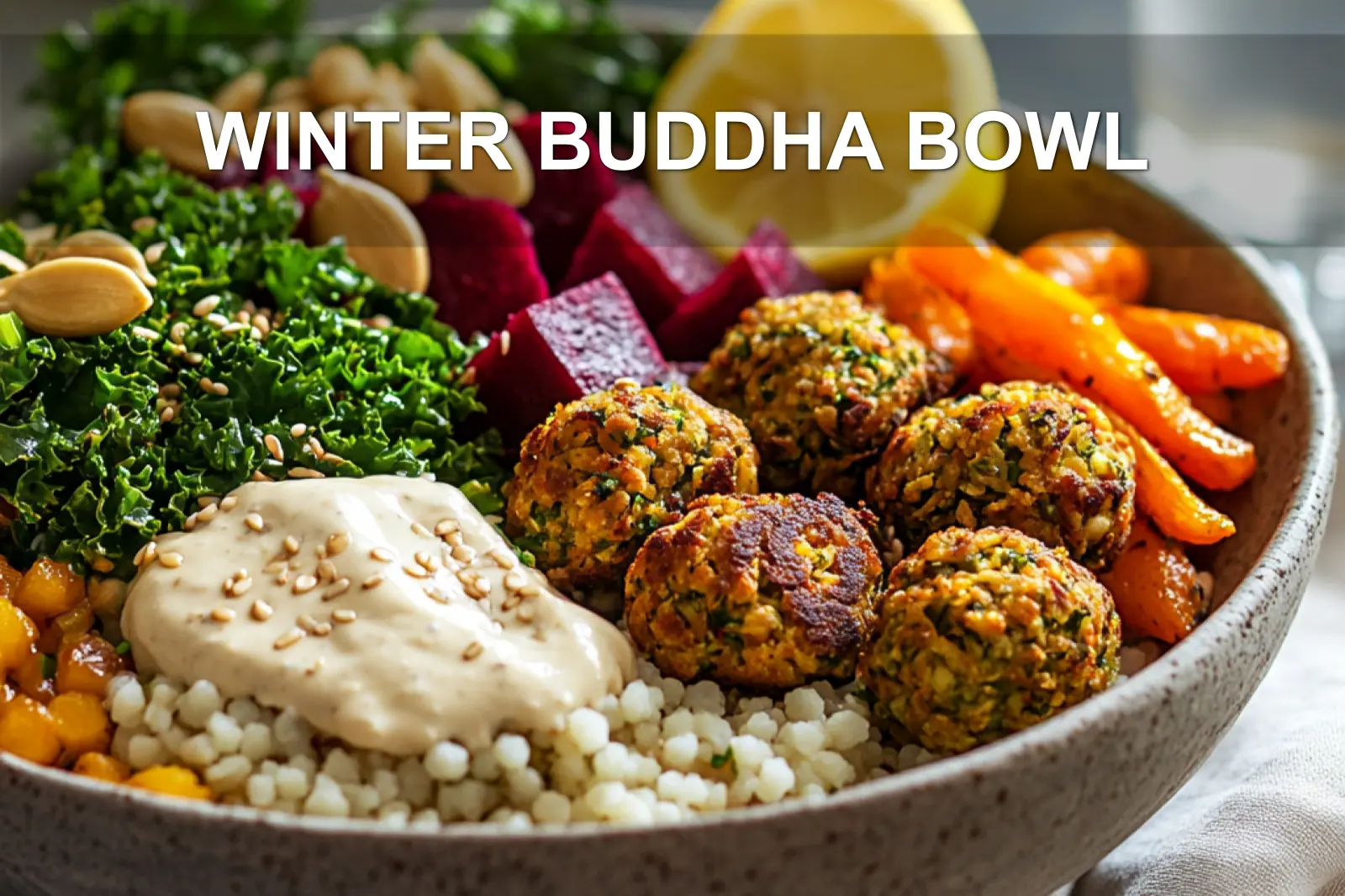 WINTER BUDDHA BOWL with golden falafel pearl couscous beet kale and creamy tahini sauce