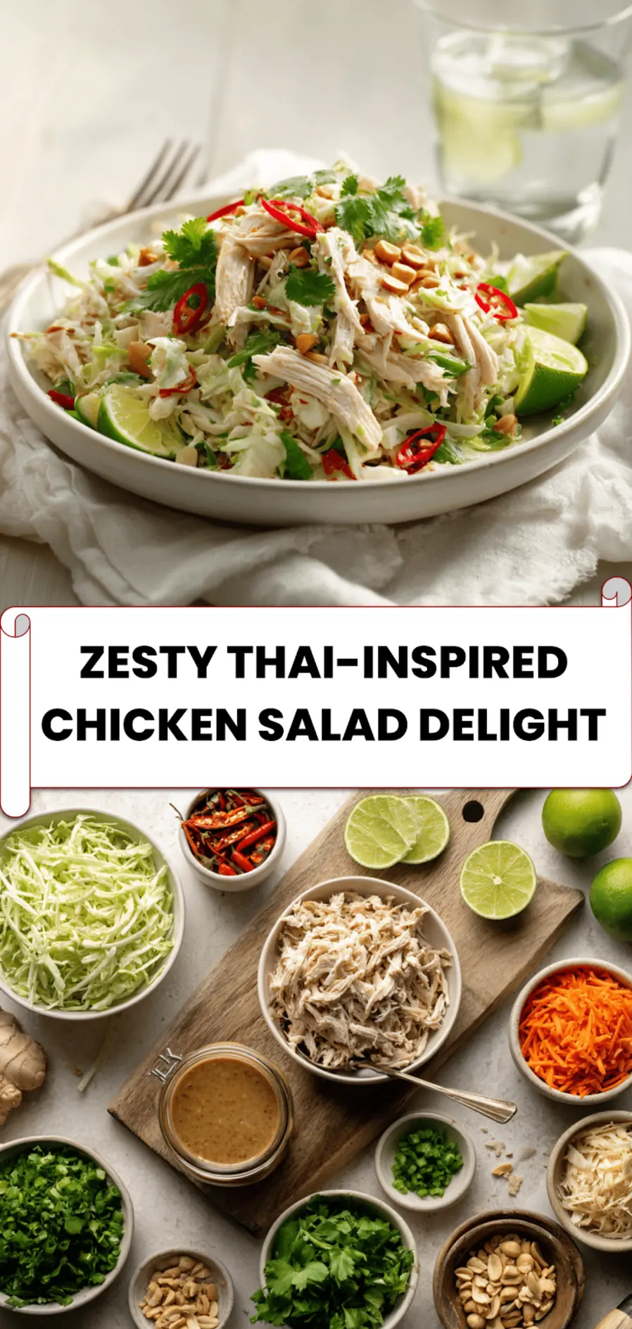Zesty Thai-Inspired Chicken Salad Delight: Vibrant and Easy Recipe 5 Finished dish: zesty Thai-inspired chicken salad served in a white bowl with colorful vegetables, peanuts, and lime wedge