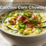Zucchini Corn Chowder in white bowl with bacon and fresh herbs on napkin