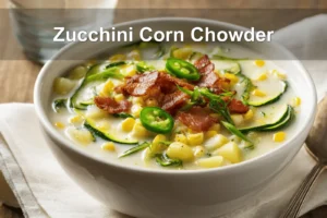 Zucchini Corn Chowder in white bowl with bacon and fresh herbs on napkin