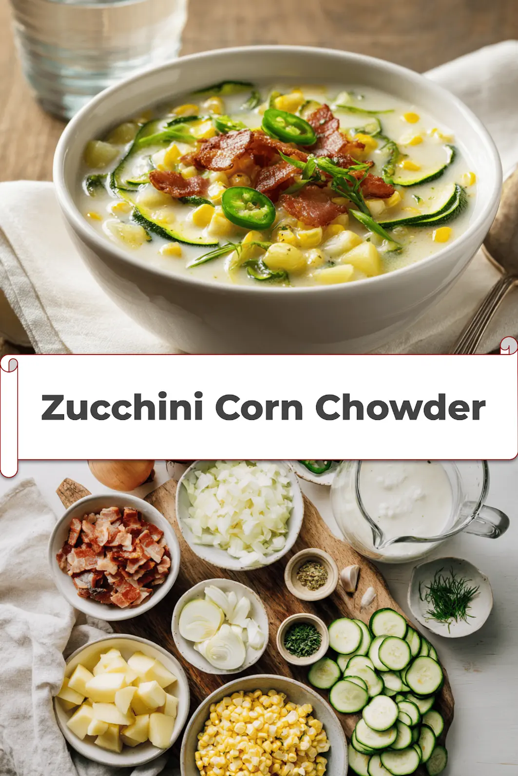Zucchini Corn Chowder: Easy Delicious Soup Recipe to Try 5 Zucchini Corn Chowder in white bowl with bacon and fresh herbs on napkin_pin
