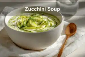 Zucchini Soup garnished with dill in white bowl on cloth beside clear water glass