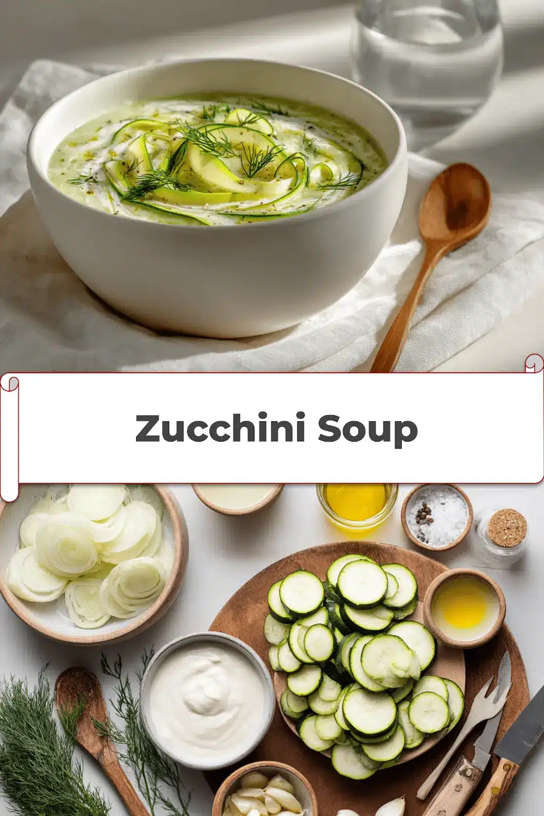 Zucchini Soup: Easy and Delicious Recipes 5 Zucchini Soup garnished with dill in white bowl on cloth beside clear water glass_pin