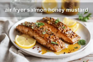 air fryer salmon honey mustard plated with lemon wedge and fresh herbs on white napkin