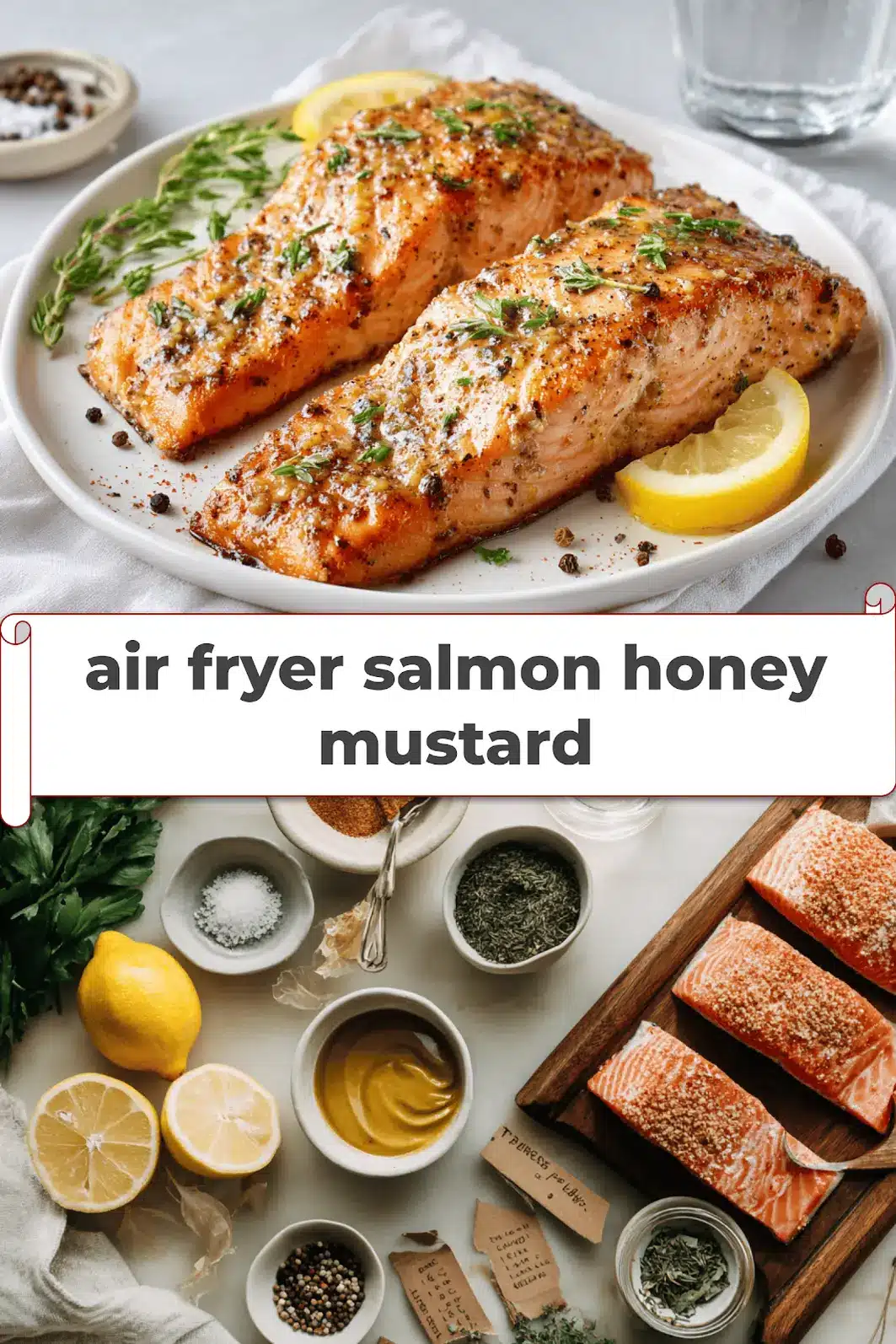 Air Fryer Salmon Honey Mustard: Easy Delicious Recipe 5 air fryer salmon honey mustard plated with lemon wedge and fresh herbs on white napkin_pin