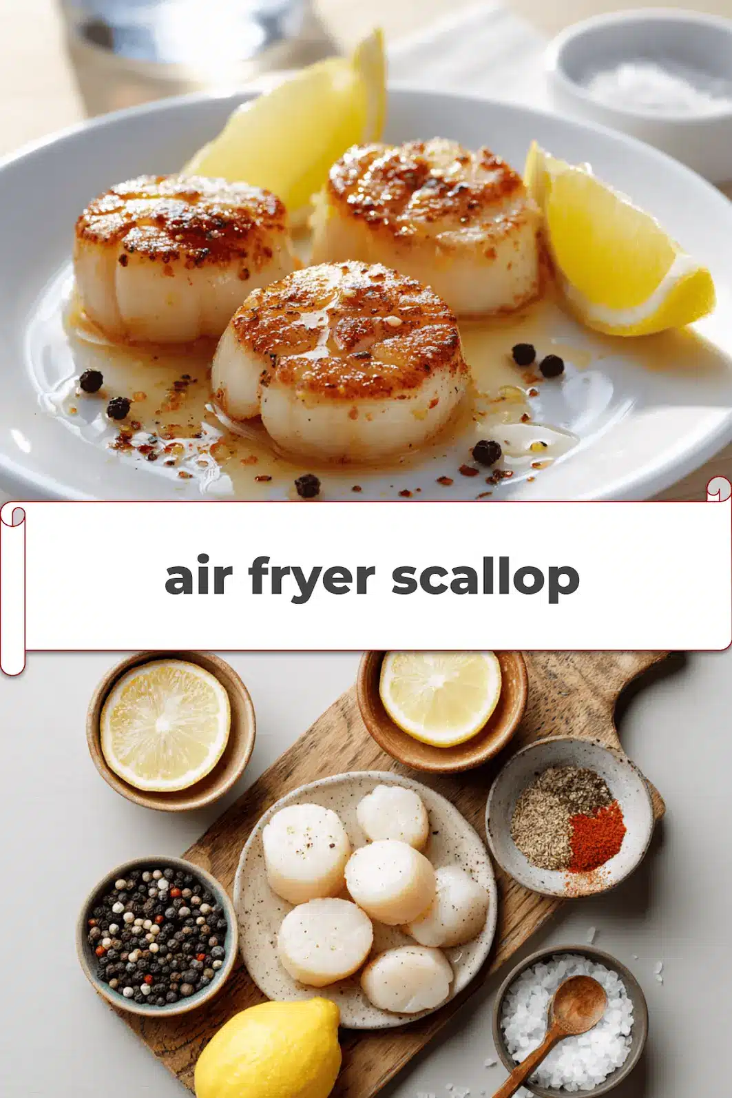 Air Fryer Scallop: Simple Delicious Recipe for Beginners 5 Air fryer scallop plated with lemon wedge, butter glaze, paprika and coarse salt flakes_pin