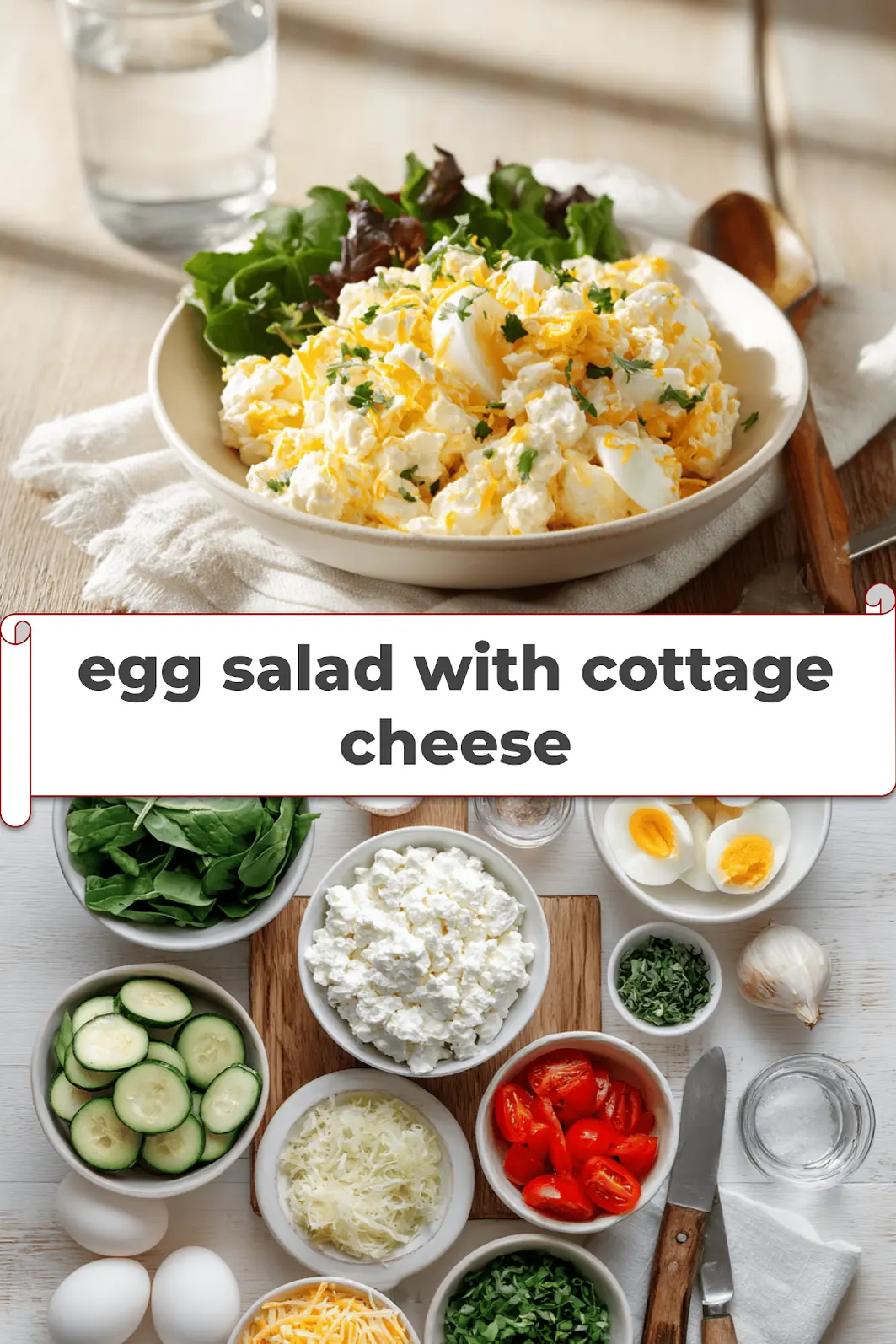 Egg Salad with Cottage Cheese: Delicious Fresh Twist 5 Egg salad with cottage cheese on white napkin, vibrant peppers and herbs, water glass_pin