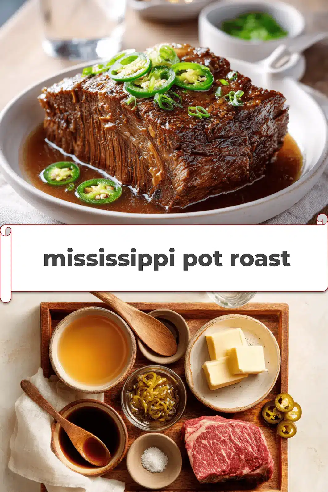 Mississippi Pot Roast: Irresistible and Simple Recipe 5 mississippi pot roast on white napkin with buttery glaze and clear glass of water_pin