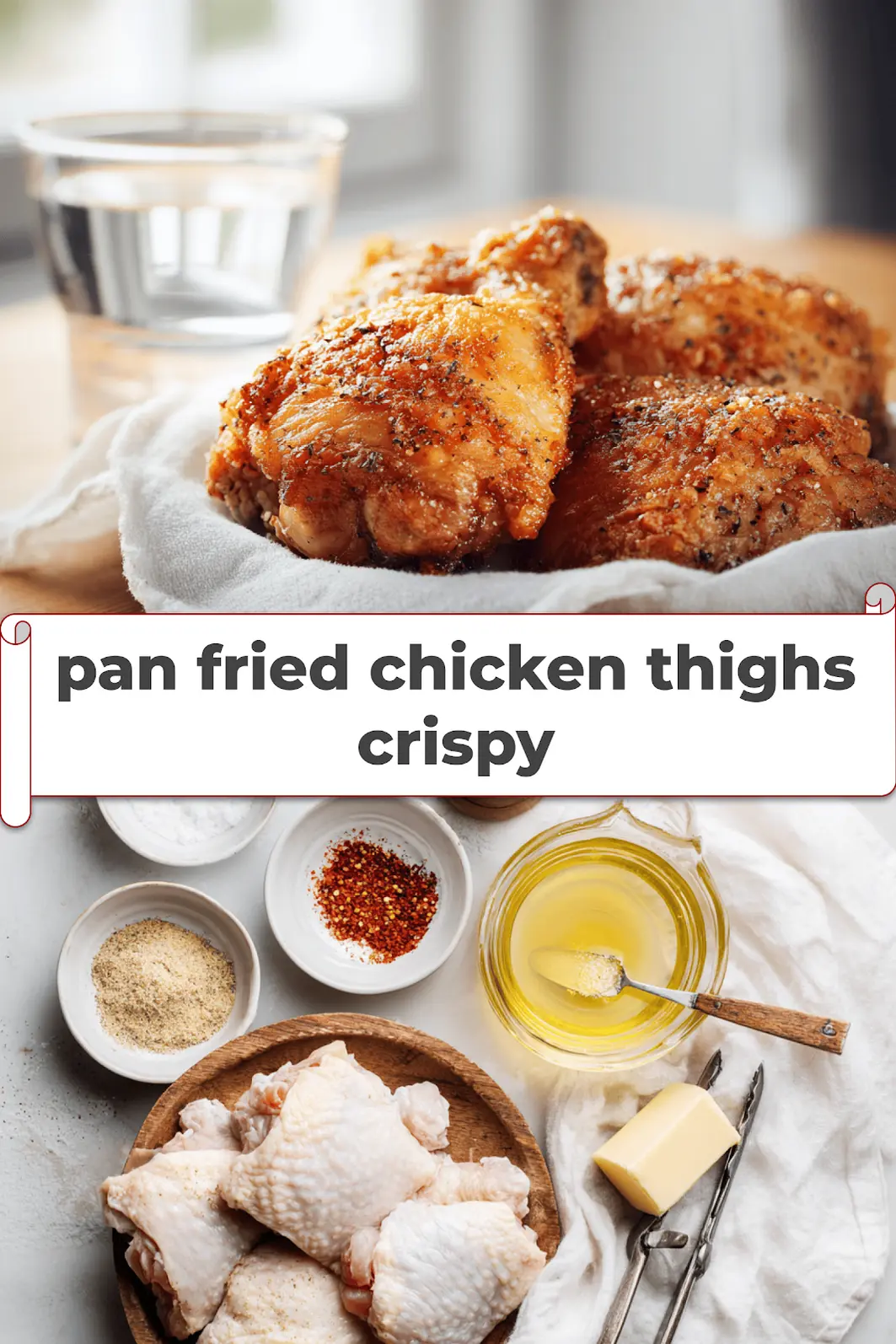 Pan Fried Chicken Thighs Crispy: Simple & Delicious Recipe 5 pan fried chicken thighs crispy golden skin on white cloth with simple glass of water_pin