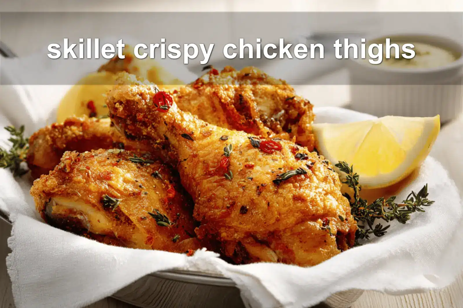 skillet crispy chicken thighs golden crisp skin lemon thyme on white napkin