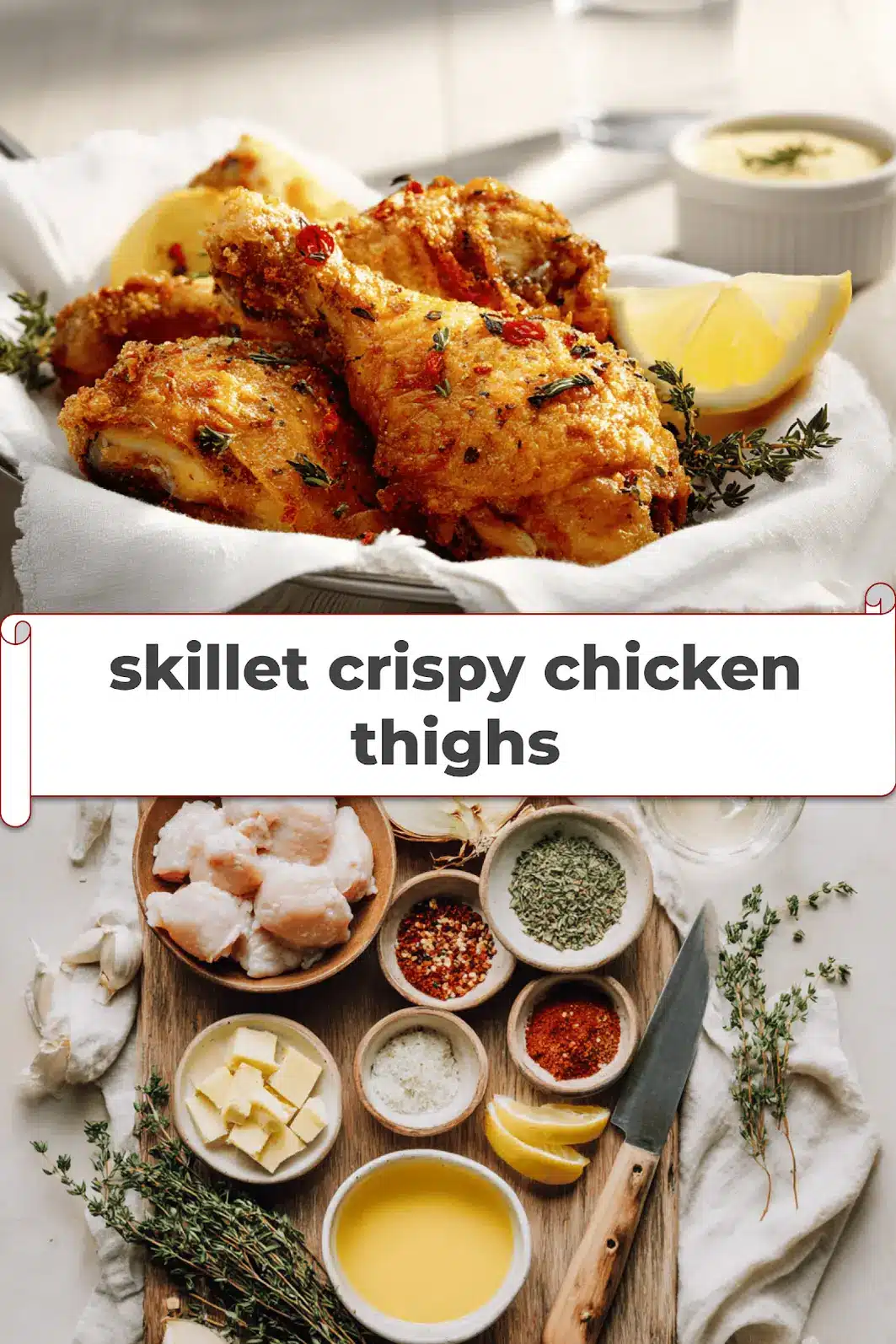 skillet crispy chicken thighs golden crisp skin lemon thyme on white napkin_pin