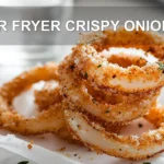 AIR FRYER CRISPY ONIONS golden onion rings on white napkin with clear glass of water