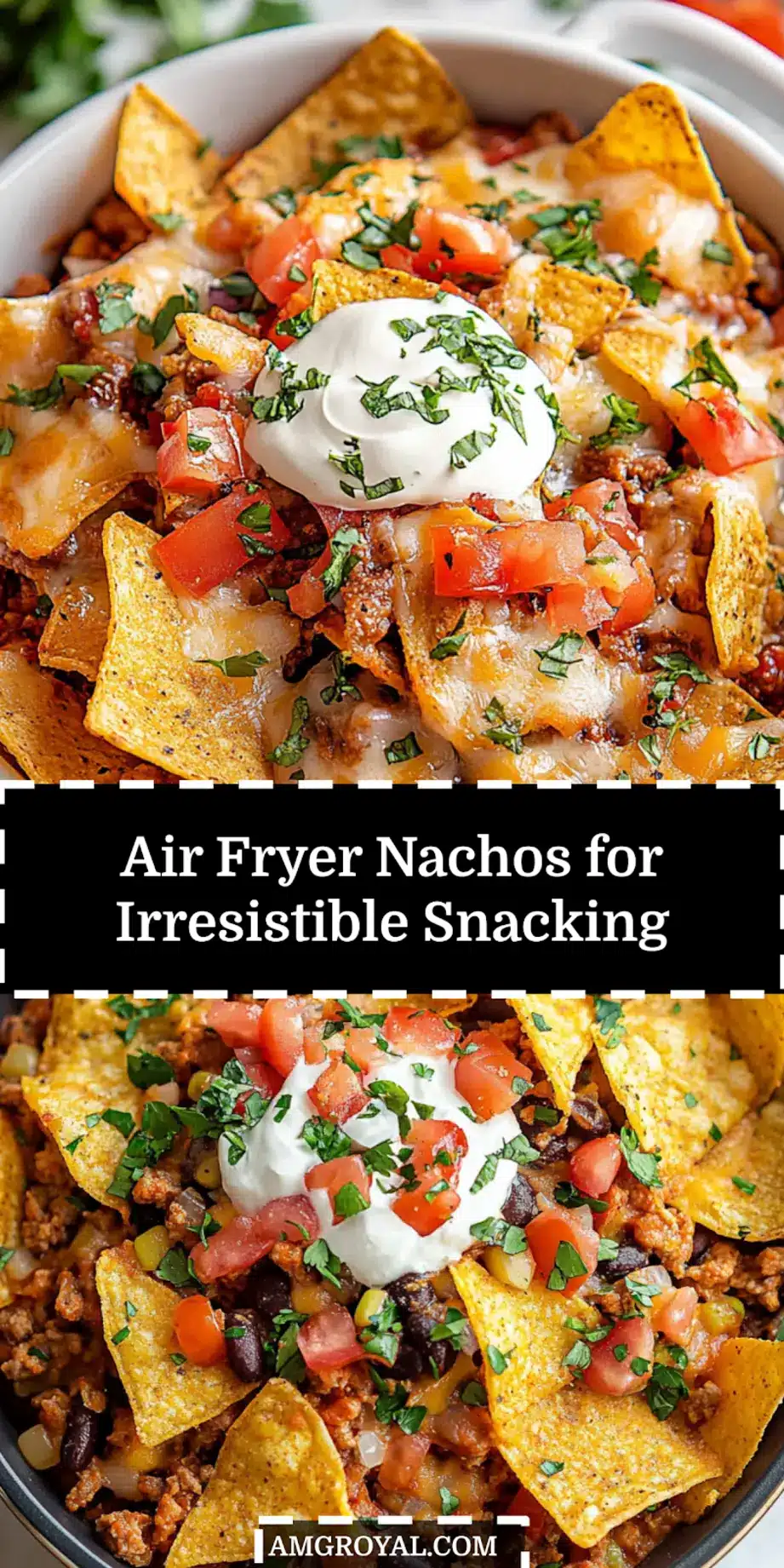 Air Fryer Nachos: Easy Fun and Delicious Recipe 5 Pin image of perfectly layered AIR FRYER NACHOS with melted cheese and toppings, ready to serve
