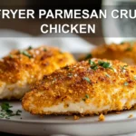 AIR FRYER PARMESAN CRUSTED CHICKEN golden crust served on white napkin with clear water glass