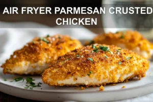 AIR FRYER PARMESAN CRUSTED CHICKEN plated with golden panko crust herbs and cheese on white napkin