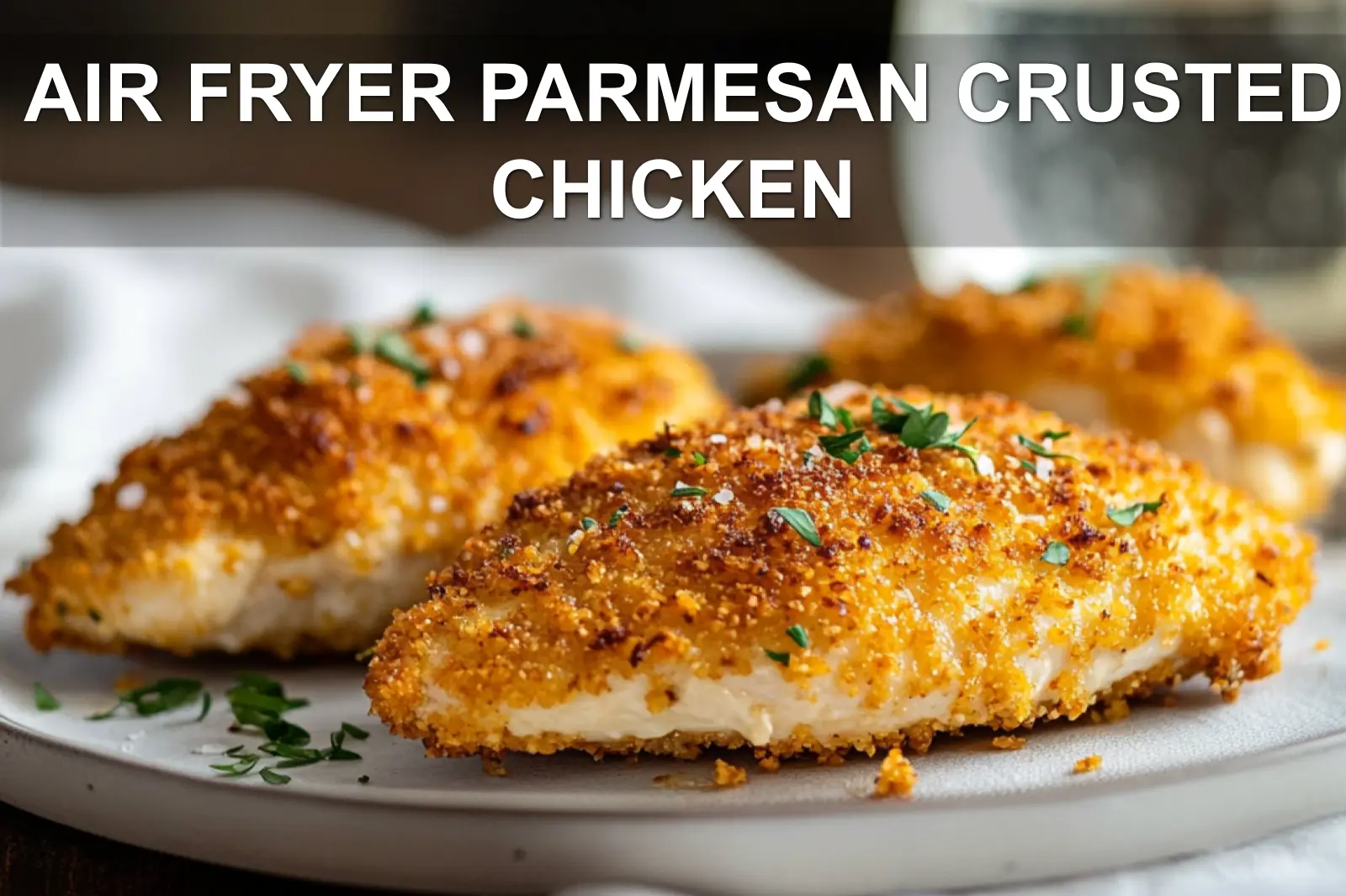 Golden brown air fryer parmesan crusted chicken breast with a side of greens