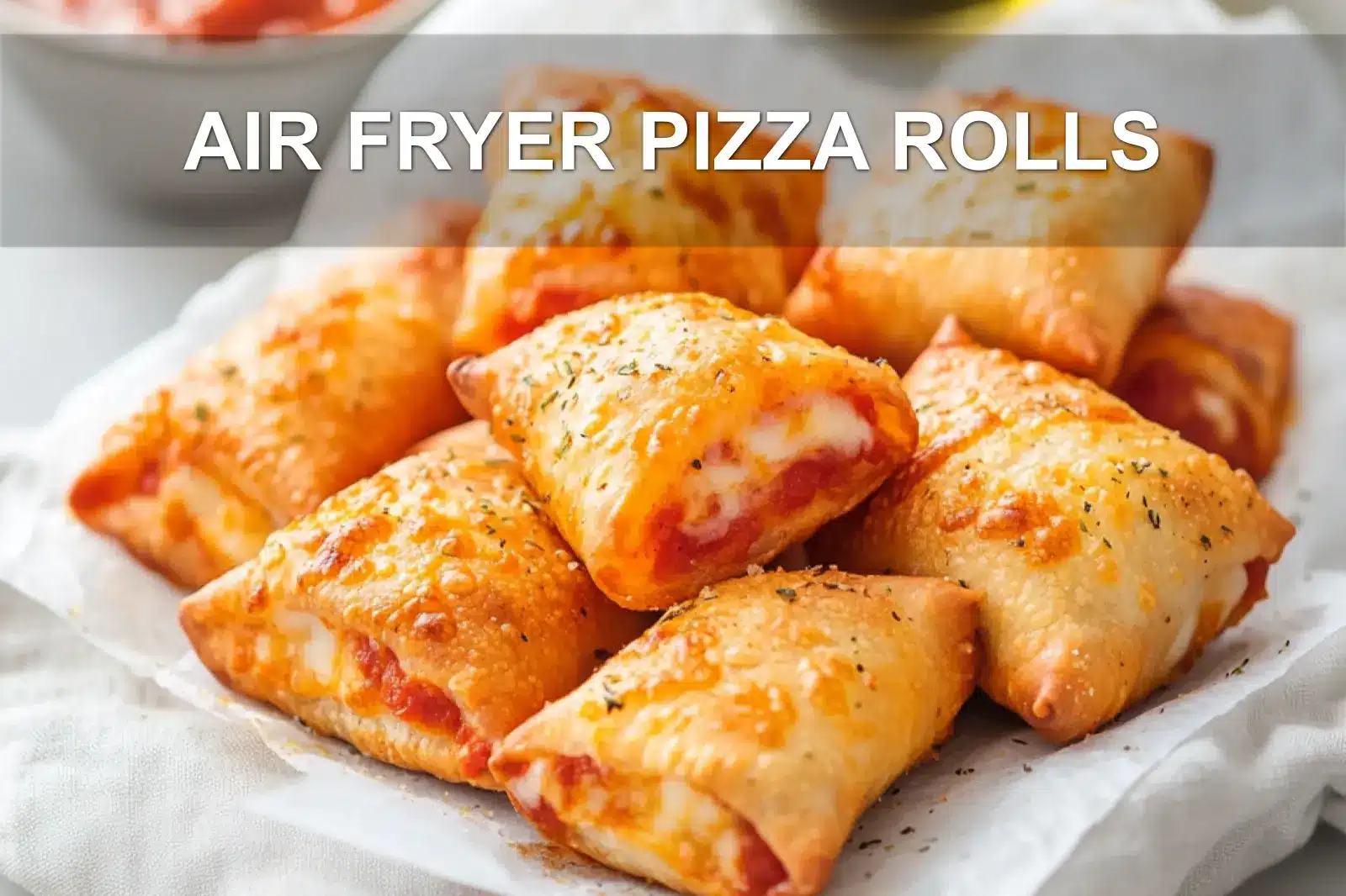 Homemade air fryer pizza rolls with melted cheese and pepperoni, ready for dipping