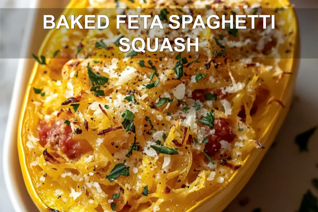 BAKED FETA SPAGHETTI SQUASH centered hero view, clean and uncluttered