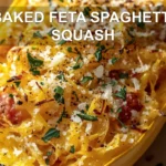 BAKED FETA SPAGHETTI SQUASH centered hero view, clean and uncluttered