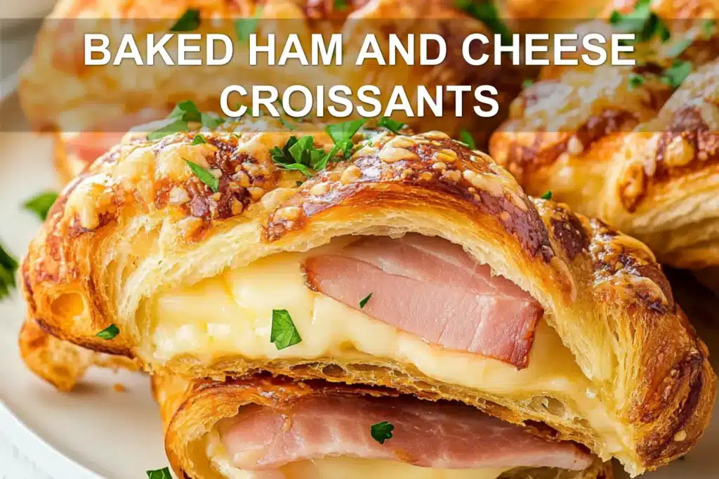 BAKED HAM AND CHEESE CROISSANTS centered hero view, clean and uncluttered