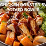 BBQ CHICKEN ROASTED SWEET POTATO BOWLS centered hero view, clean and uncluttered