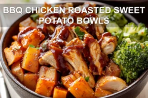 BBQ CHICKEN ROASTED SWEET POTATO BOWLS centered hero view, clean and uncluttered
