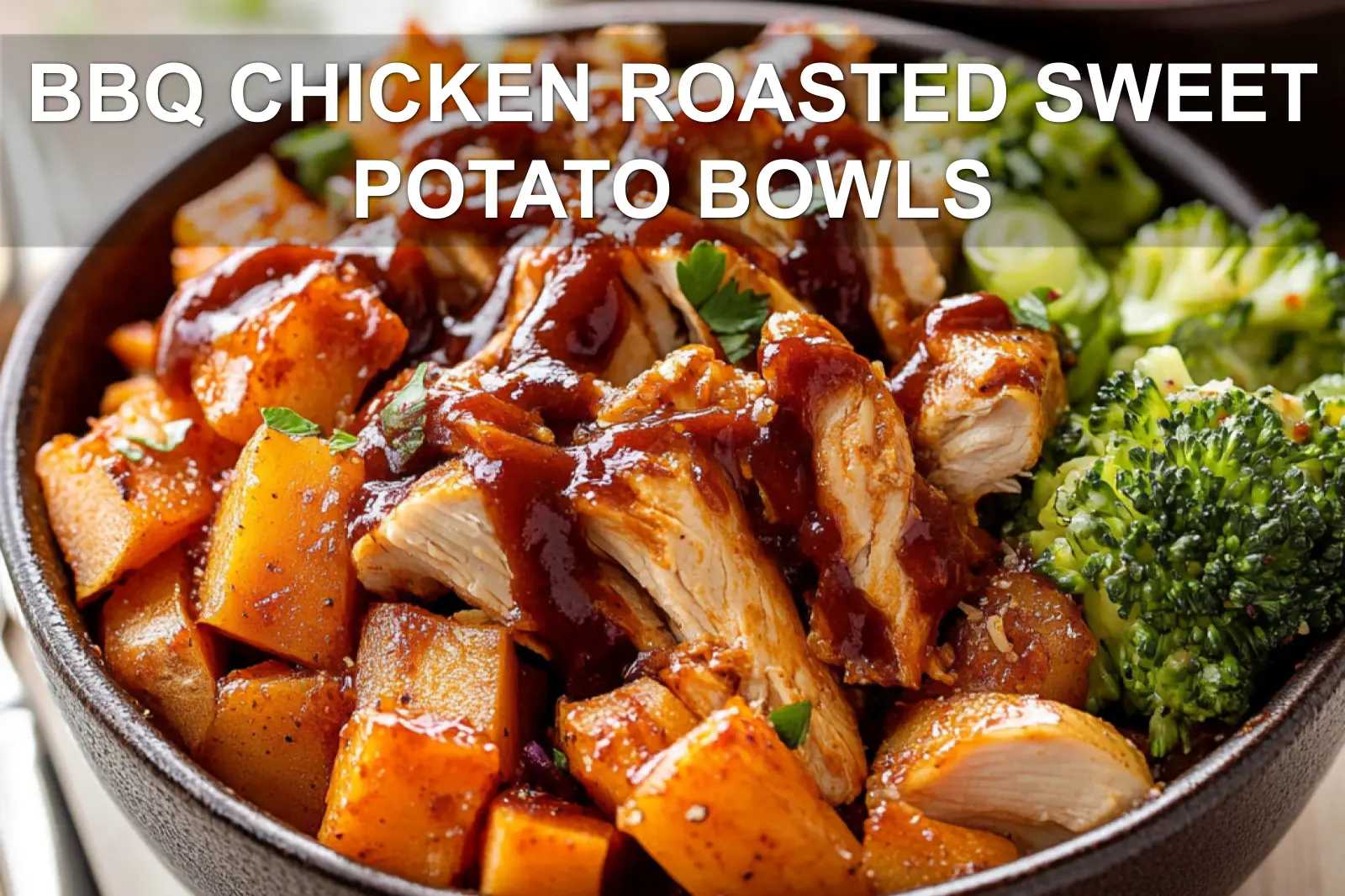 BBQ CHICKEN ROASTED SWEET POTATO BOWLS centered hero view, clean and uncluttered
