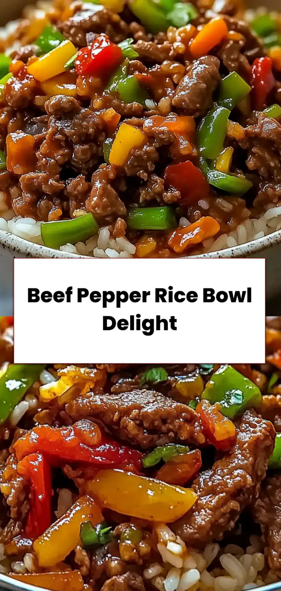 BEEF PEPPER RICE BOWL served in a white bowl with rice and peppers_pin