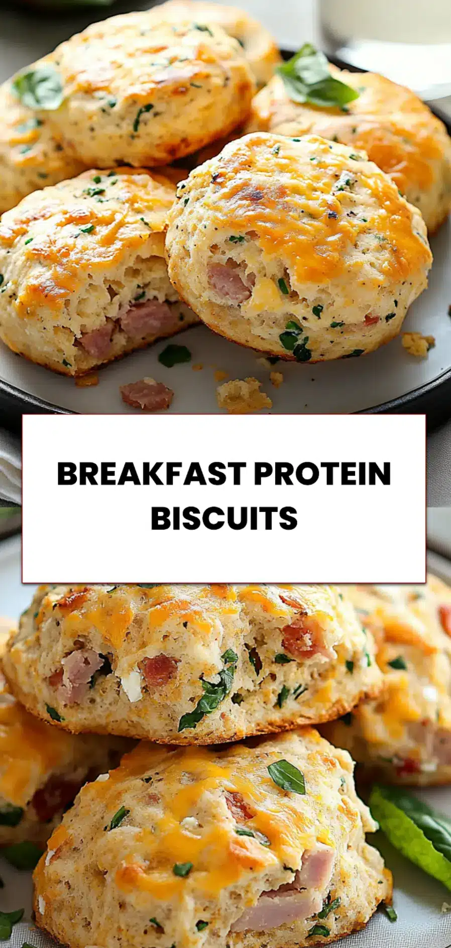 Protein biscuits ready to serve with cheddar, ham, feta, spinach, and fresh herbs