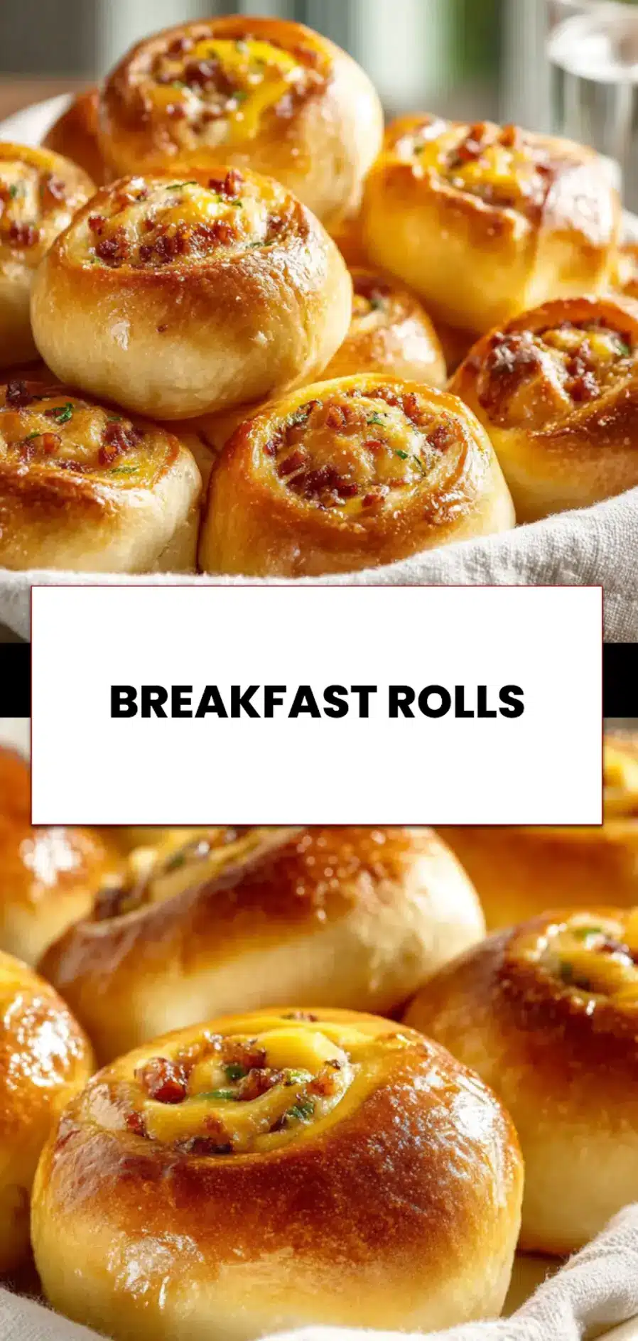 Finished breakfast rolls sliced and stacked with cheese sauce on top on a white serving plate