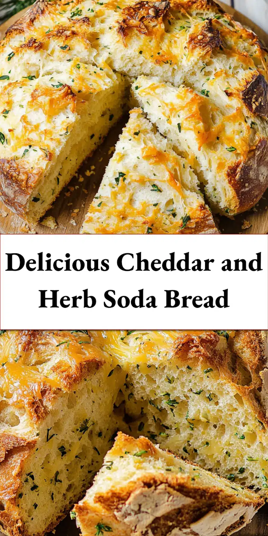 Cheddar and herb soda bread sliced and styled for sharing on Pinterest