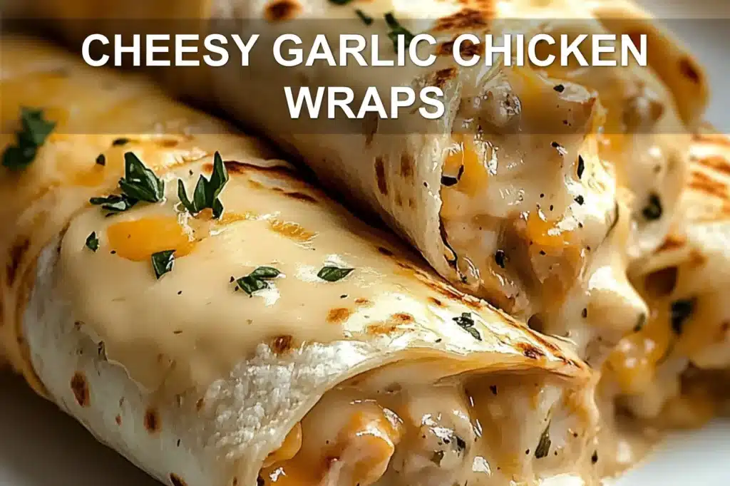 CHEESY GARLIC CHICKEN WRAPS centered hero view, clean and uncluttered