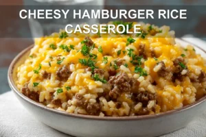 CHEESY HAMBURGER RICE CASSEROLE creamy baked casserole with melted cheddar and fresh herbs