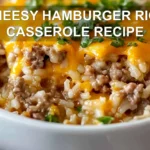 CHEESY HAMBURGER RICE CASSEROLE RECIPE centered hero view, clean and uncluttered