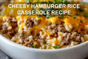 CHEESY HAMBURGER RICE CASSEROLE RECIPE centered hero view, clean and uncluttered