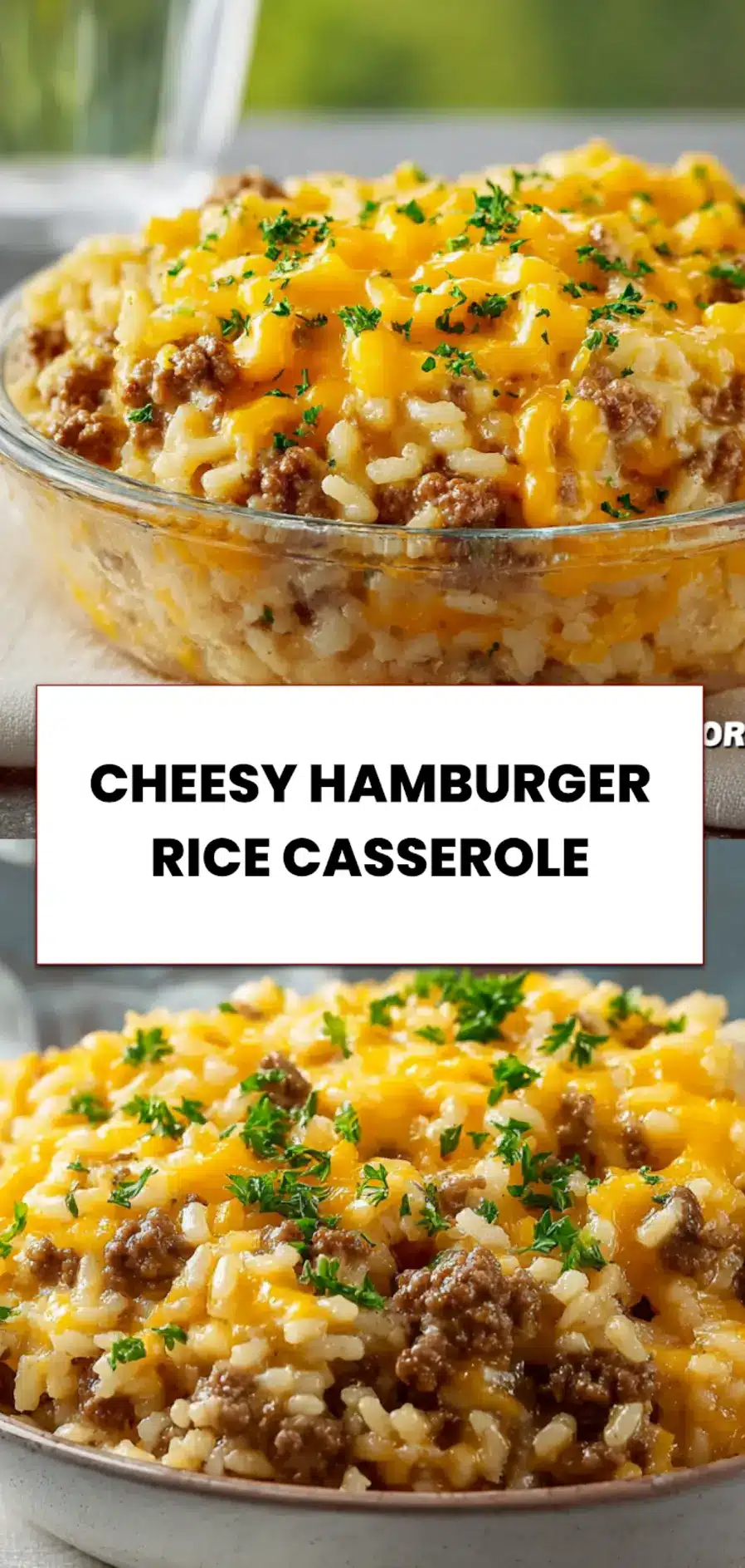 Cheesy hamburger rice casserole served in a white baking dish with golden melted cheddar - cozy dinner idea