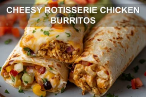 CHEESY ROTISSERIE CHICKEN BURRITOS centered hero view, clean and uncluttered