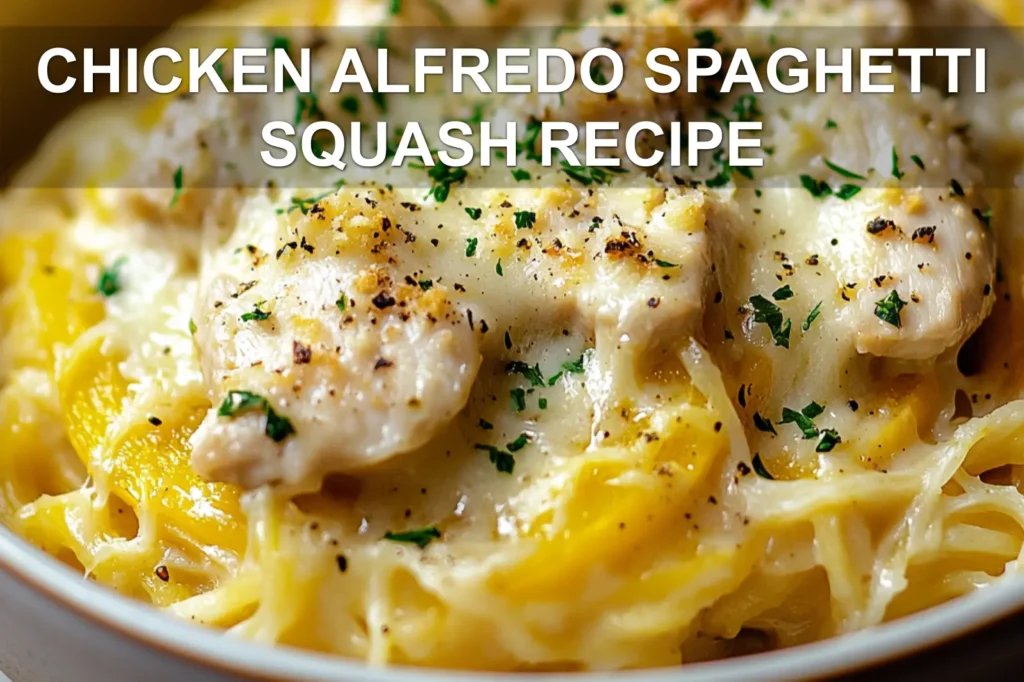 CHICKEN ALFREDO SPAGHETTI SQUASH RECIPE centered hero view, clean and uncluttered