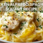 CHICKEN ALFREDO SPAGHETTI SQUASH RECIPE centered hero view, clean and uncluttered