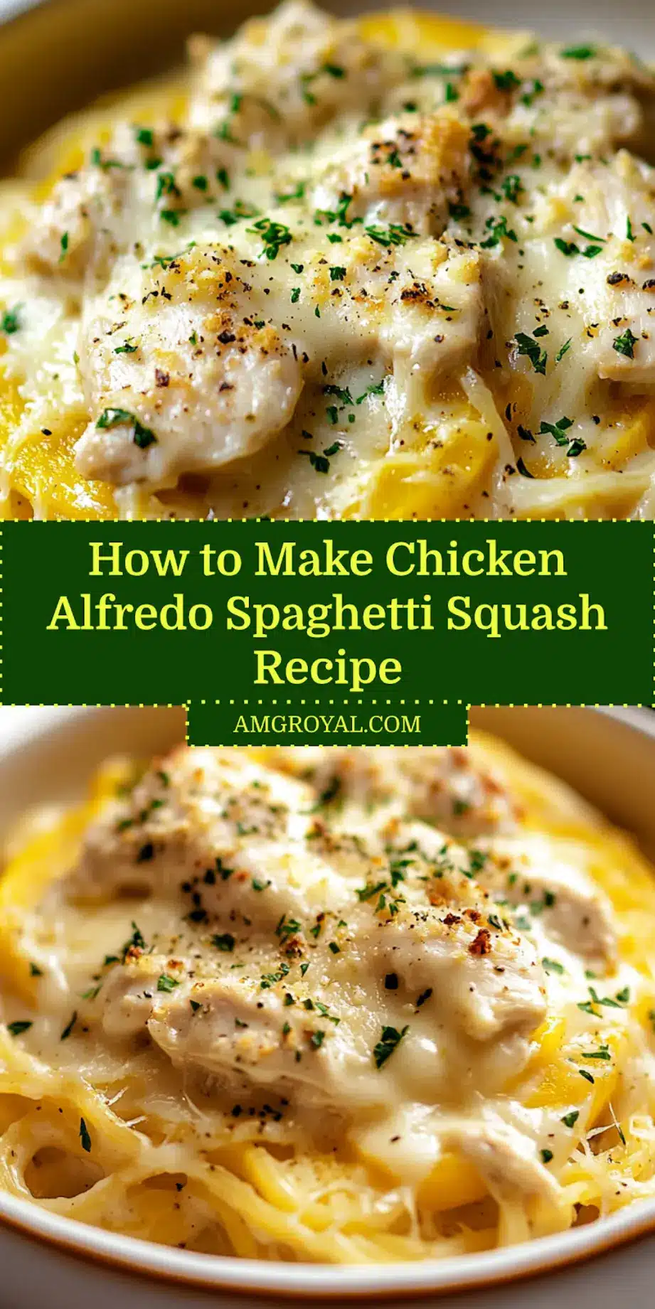 Chicken Alfredo Spaghetti Squash Recipe: Irresistibly Simple 5 Pinterest share image of chicken Alfredo spaghetti squash served in a roasted squash shell on white textured plate