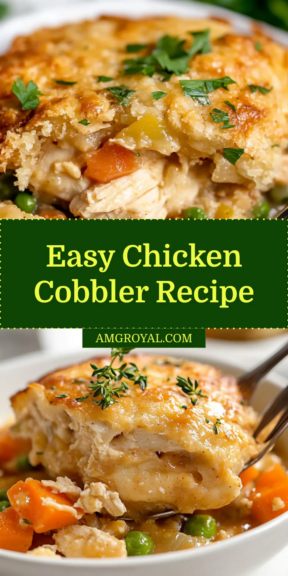 Chicken Cobbler Recipe: Easy Comforting Dish 6 Final baked chicken cobbler casserole with golden biscuits served in a white dish