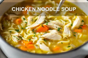 Chicken Noodle Soup Ultimate Cozy Comfort Food Recipe CHICKEN NOODLE SOUP centered hero view, clean and uncluttered
