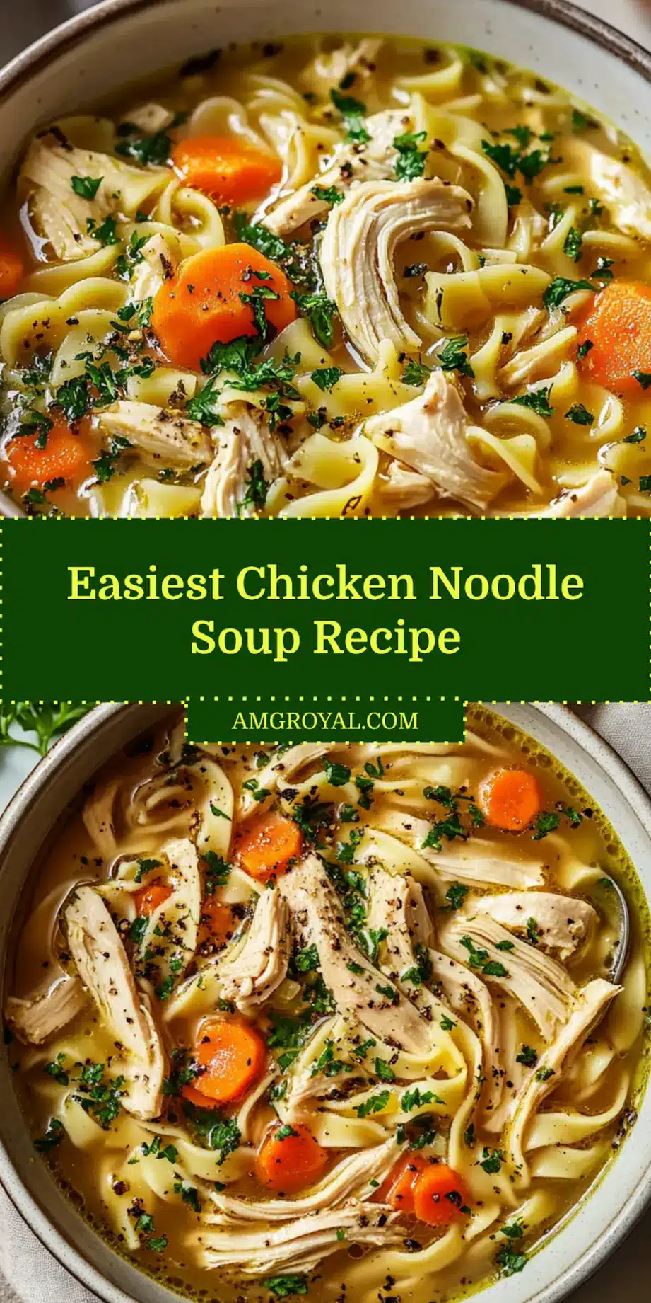 Chicken noodle soup served in a white bowl with fresh herbs, spoon, and napkin pin image