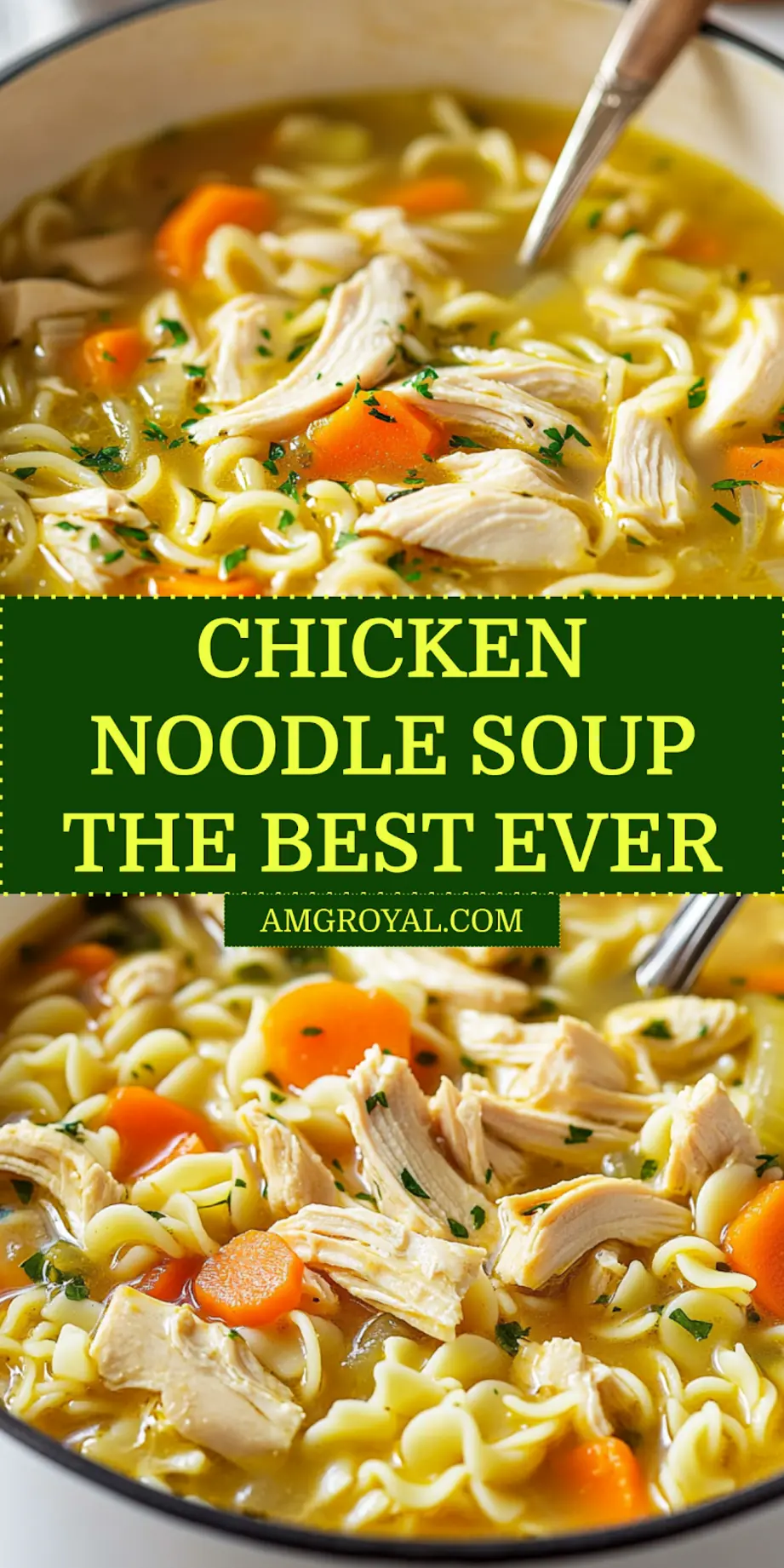 Chicken Noodle Soup Ultimate Cozy Comfort Food Recipe 5 Bowl of homemade CHICKEN NOODLE SOUP with noodles, chicken, celery, and carrot garnished with thyme and parsley