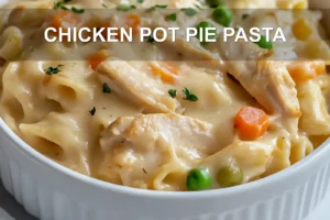 Chicken Pot Pie Pasta: Quick Comforting Family Meal CHICKEN POT PIE PASTA centered hero view, clean and uncluttered