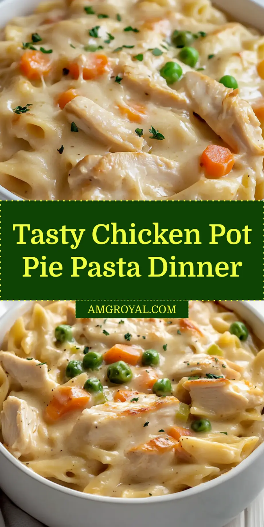 Chicken Pot Pie Pasta: Quick Comforting Family Meal 6 Tidy overhead presentation of chicken pot pie pasta in bowl, ready to serve_pin